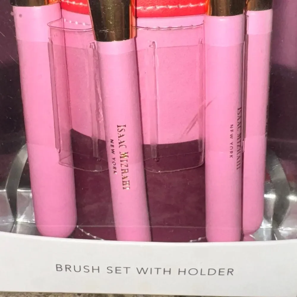 Isaac Mizrahi Makeup Brush Set With Holder Pink Powder Fan Blush Foundation New